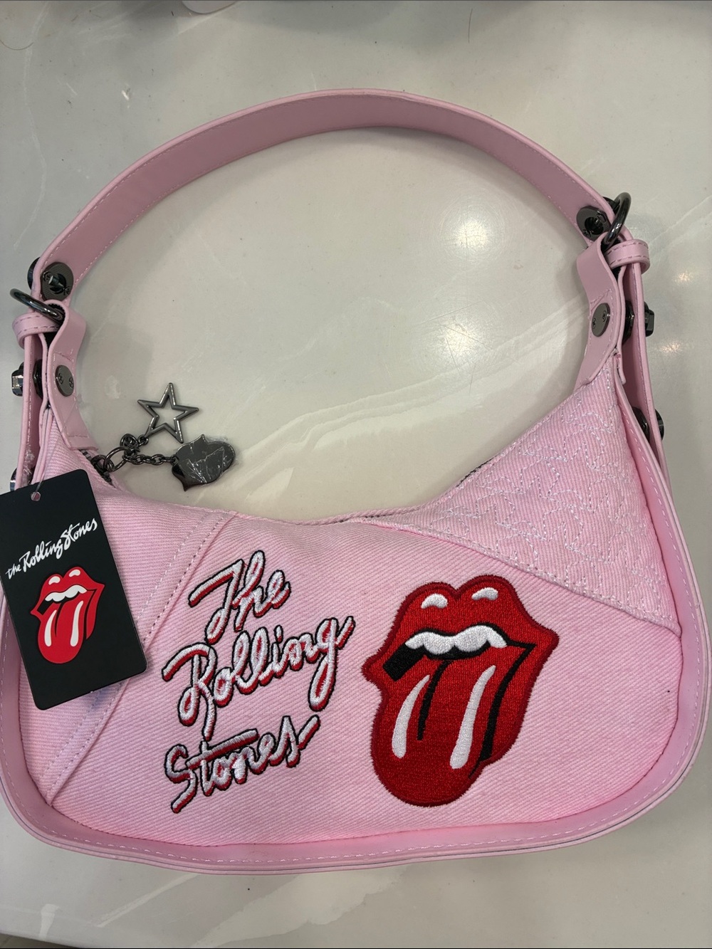 the Rolling Stones Pink Embroidered Tongue Shoulder Bag
